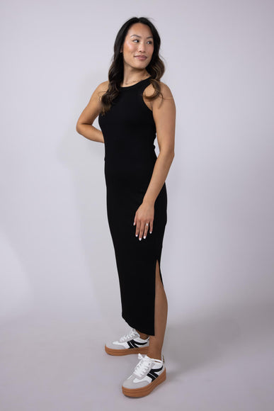 Ribbed Knit Side Slit Dress for Women in Black