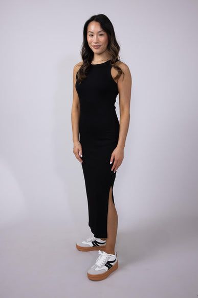 Ribbed Knit Side Slit Dress for Women in Black