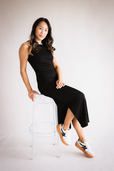 Ribbed Knit Side Slit Dress for Women in Black