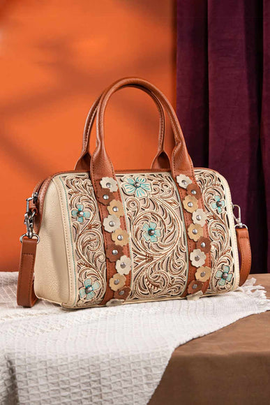 Tooled Barrel Satchel Crossbody Bag for Women in Tan