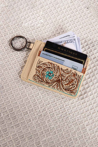 Embroidered Floral Card Holder in Tan