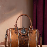 Tooled Concho Barrel Satchel Crossbody Bag for Women in Brown
