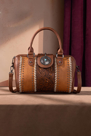 Tooled Concho Barrel Satchel Crossbody Bag for Women in Brown