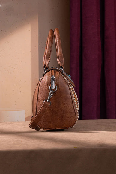 Tooled Concho Barrel Satchel Crossbody Bag for Women in Brown