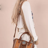 Tooled Concho Barrel Satchel Crossbody Bag for Women in Brown