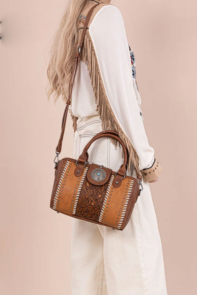 Tooled Concho Barrel Satchel Crossbody Bag for Women in Brown