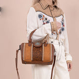 Tooled Concho Barrel Satchel Crossbody Bag for Women in Brown