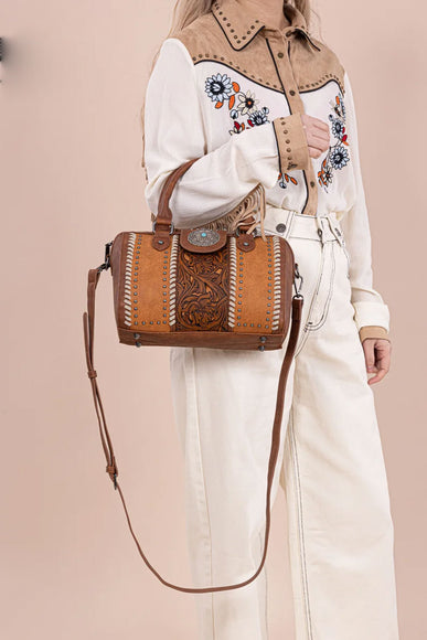 Tooled Concho Barrel Satchel Crossbody Bag for Women in Brown