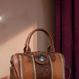 Tooled Concho Barrel Satchel Crossbody Bag for Women in Brown