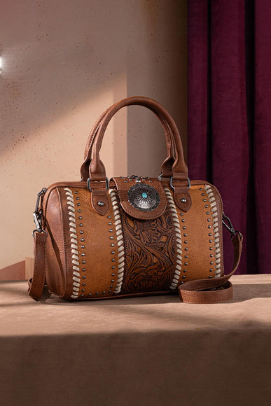 Tooled Concho Barrel Satchel Crossbody Bag for Women in Brown