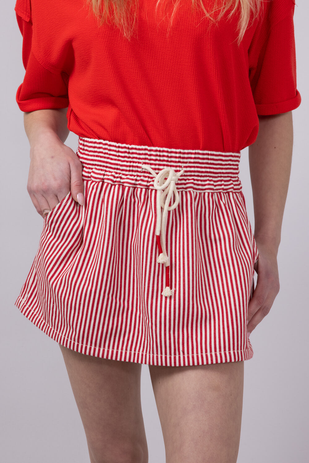 Mustard Seed Drawstring Striped Skort for Women in Red