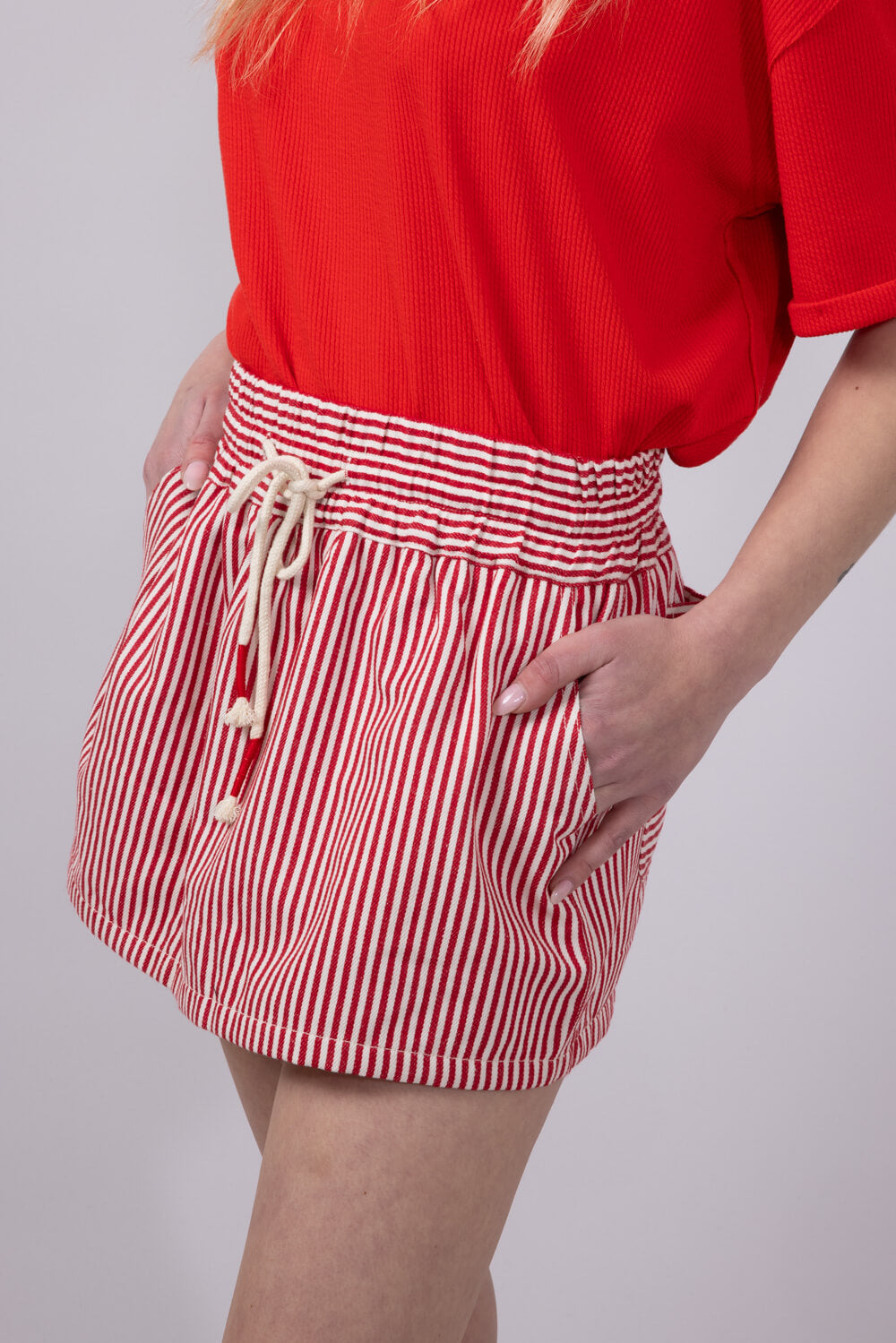 Mustard Seed Drawstring Striped Skort for Women in Red
