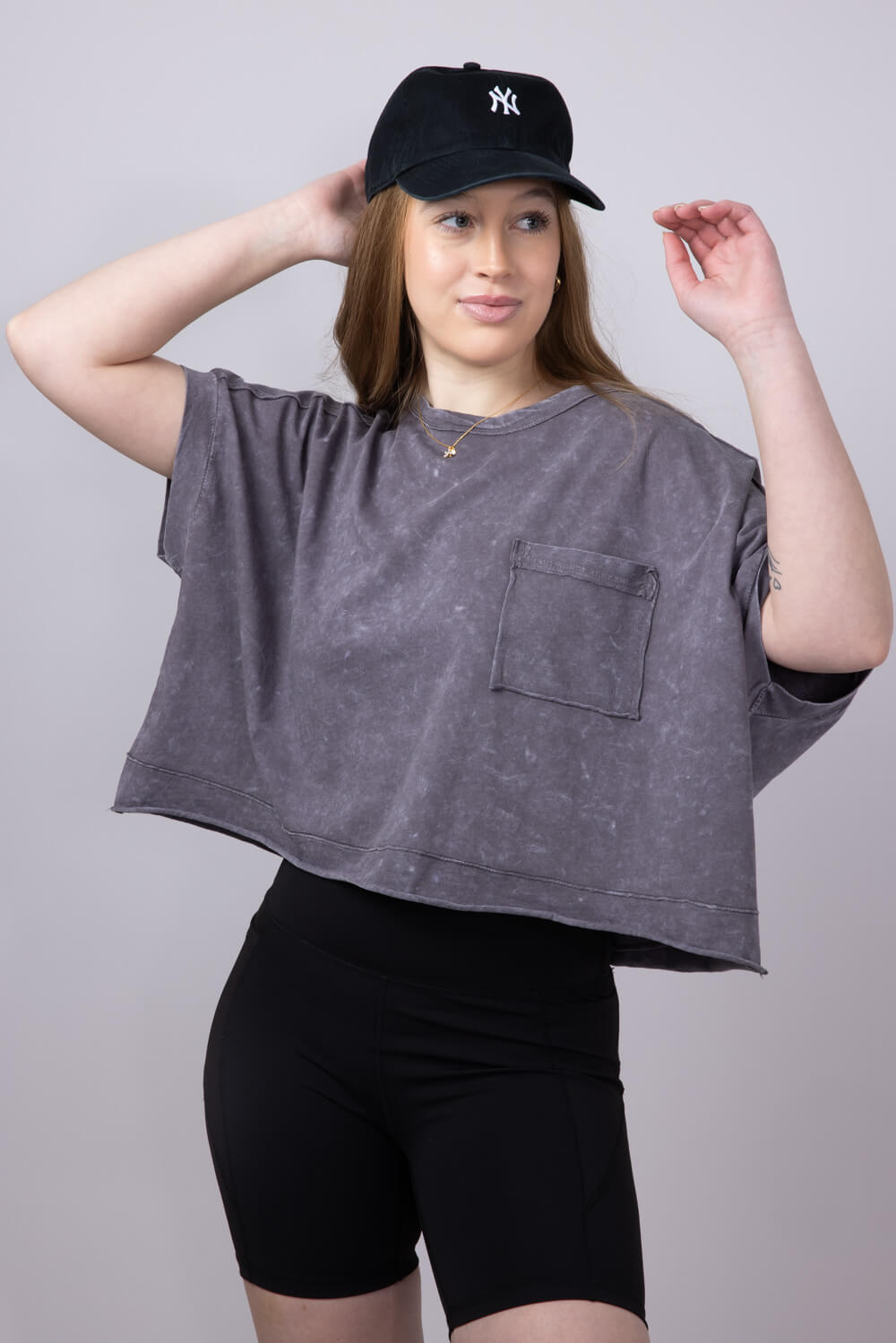 Oversized Cropped Mineral Wash Knit T-Shirt for Women in Black