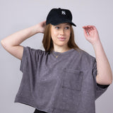 Oversized Cropped Mineral Wash Knit T-Shirt for Women in Black