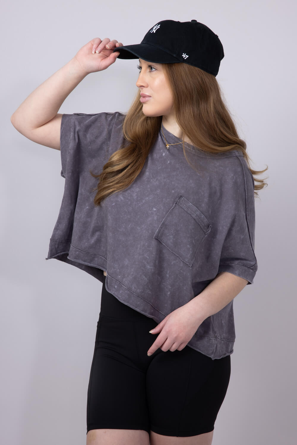 Oversized Cropped Mineral Wash Knit T-Shirt for Women in Black