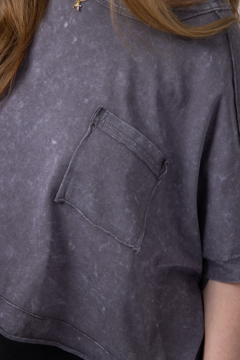 Oversized Cropped Mineral Wash Knit T-Shirt for Women in Black