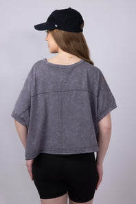 Oversized Cropped Mineral Wash Knit T-Shirt for Women in Black