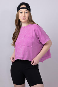 Oversized Cropped Mineral Wash Knit T-Shirt for Women in Orchid