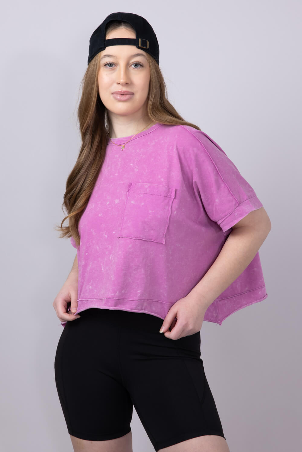 Oversized Cropped Mineral Wash Knit T-Shirt for Women in Orchid