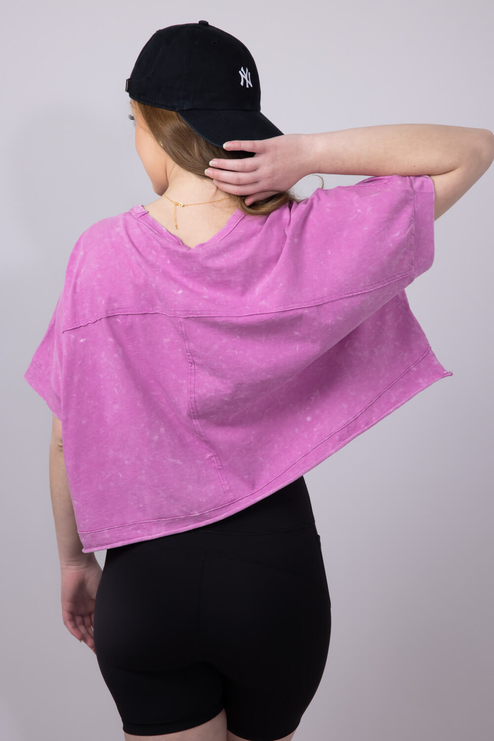Oversized Cropped Mineral Wash Knit T-Shirt for Women in Orchid