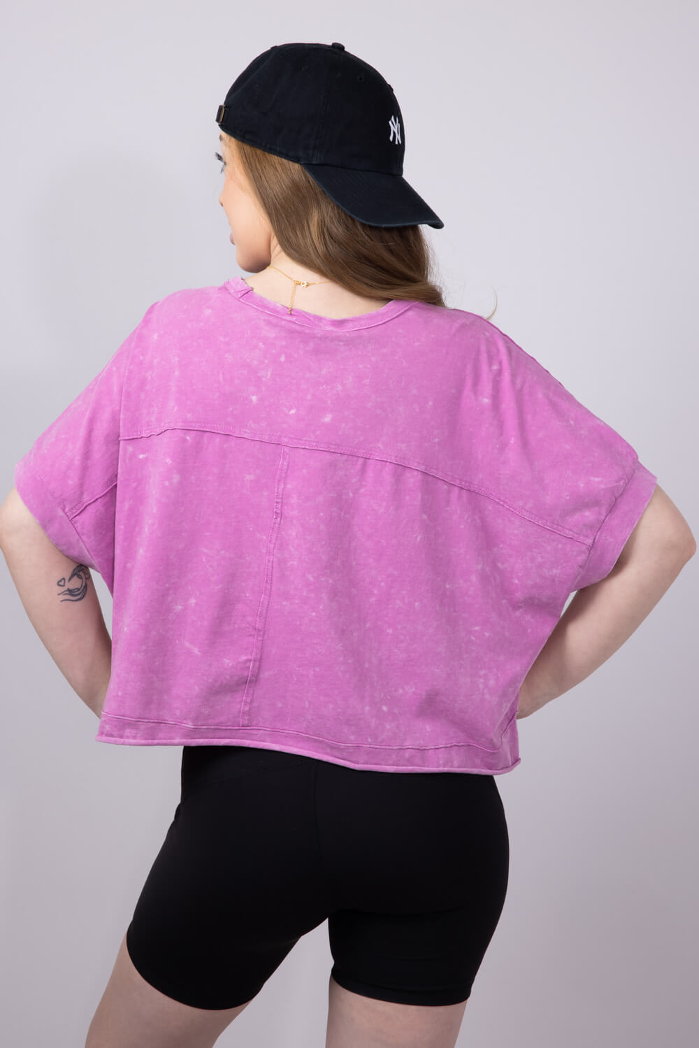 Oversized Cropped Mineral Wash Knit T-Shirt for Women in Orchid