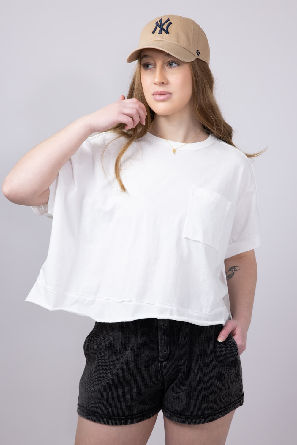 Oversized Cropped Mineral Wash Knit T-Shirt for Women in White