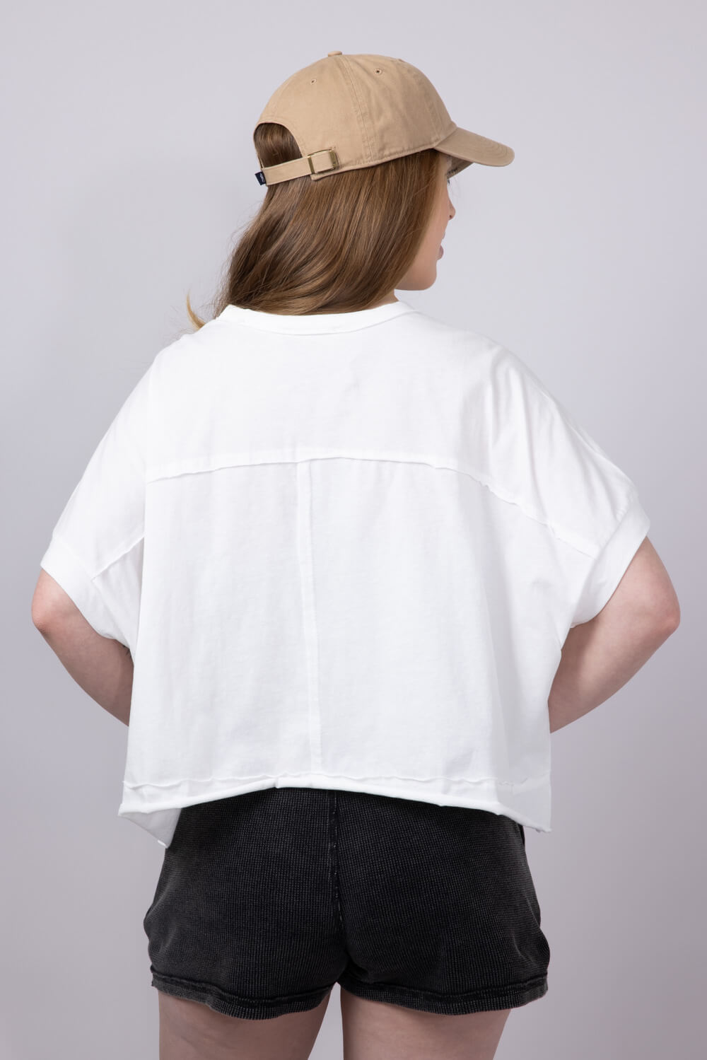 Oversized Cropped Mineral Wash Knit T-Shirt for Women in White