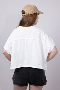 Oversized Cropped Mineral Wash Knit T-Shirt for Women in White