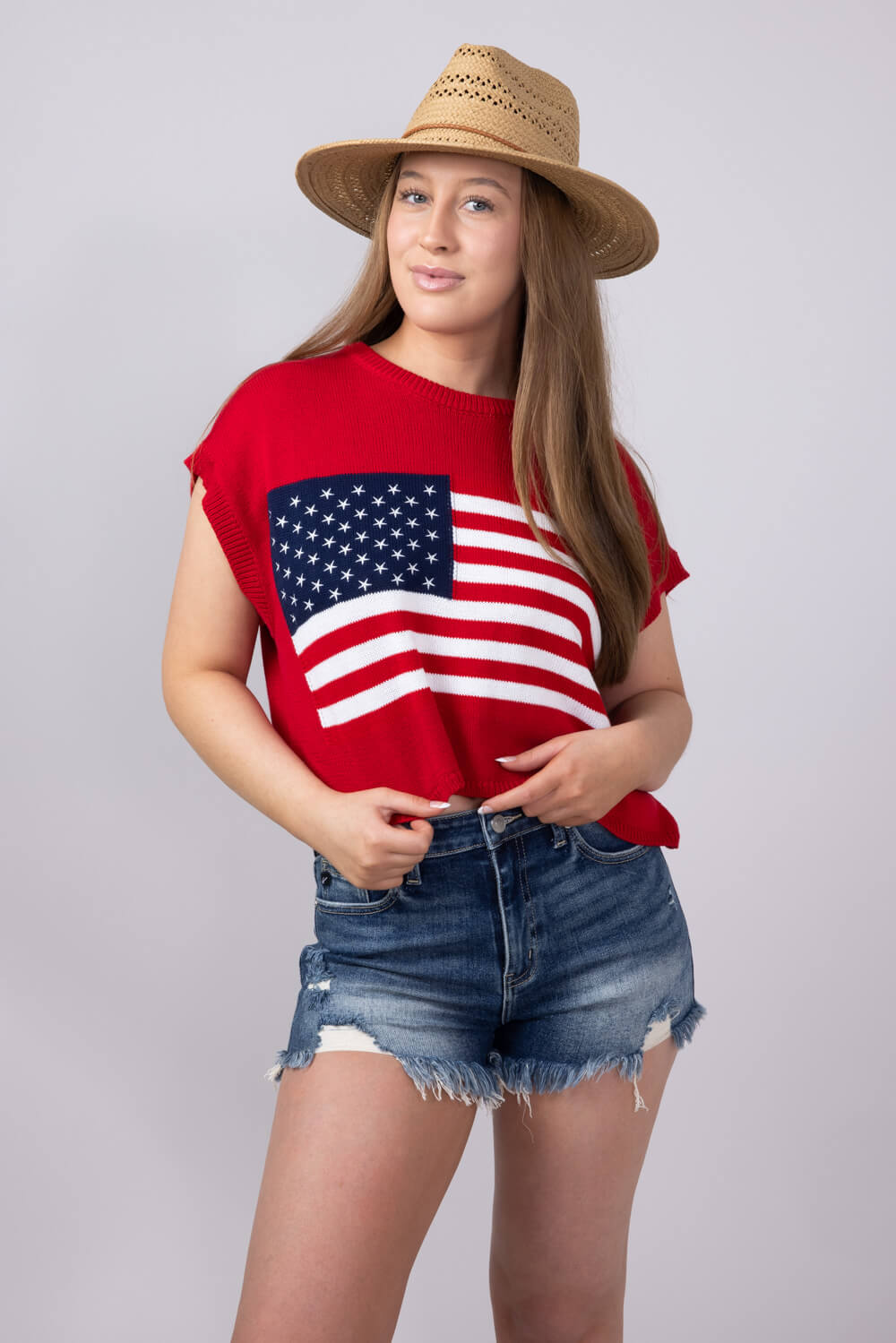 Younger song 【flag long knit】 American Flag Sweater for Women in Red | JT2024-62