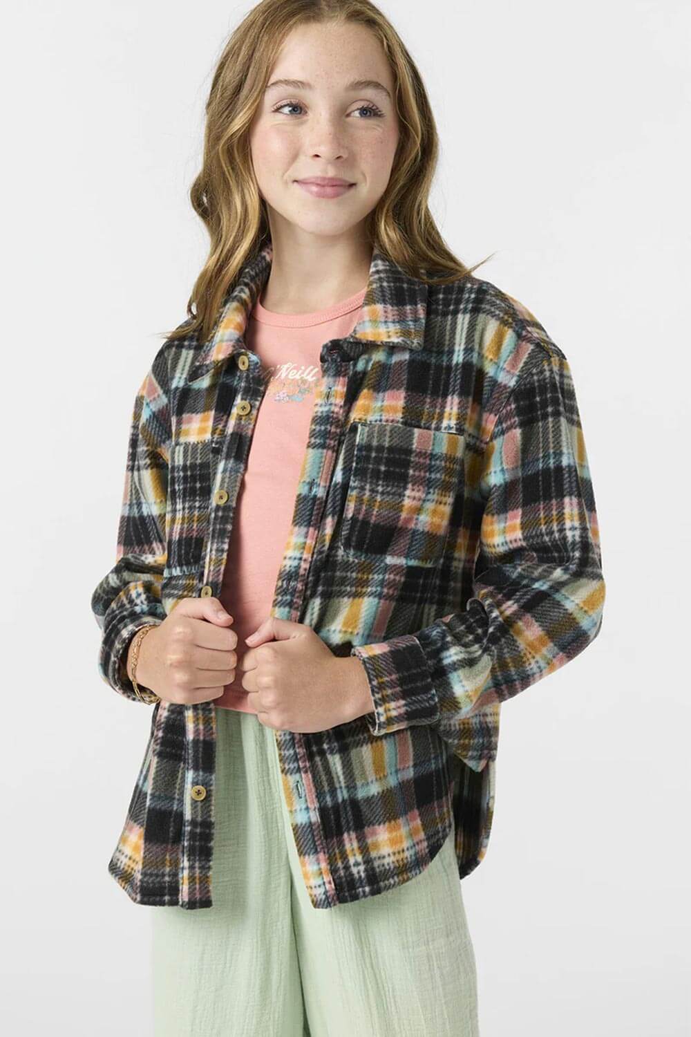 O’Neill Youth Bennet Super Fleece Plaid Shacket for Girls in Black Plaid