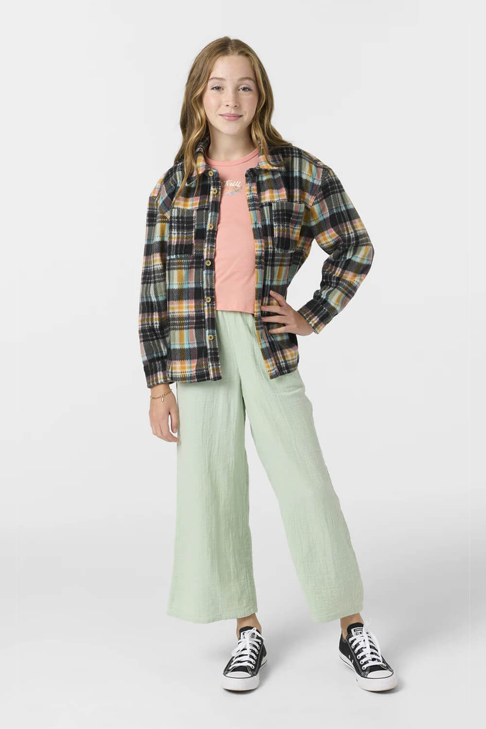 O’Neill Youth Bennet Super Fleece Plaid Shacket for Girls in Black Plaid