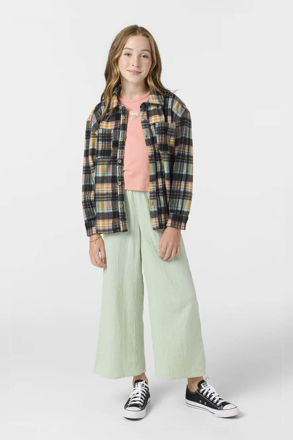 O’Neill Youth Bennet Super Fleece Plaid Shacket for Girls in Black Plaid