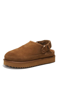 A single brown suede clog-style shoe with a thick sole and an adjustable ankle strap, shown on a plain white background.
