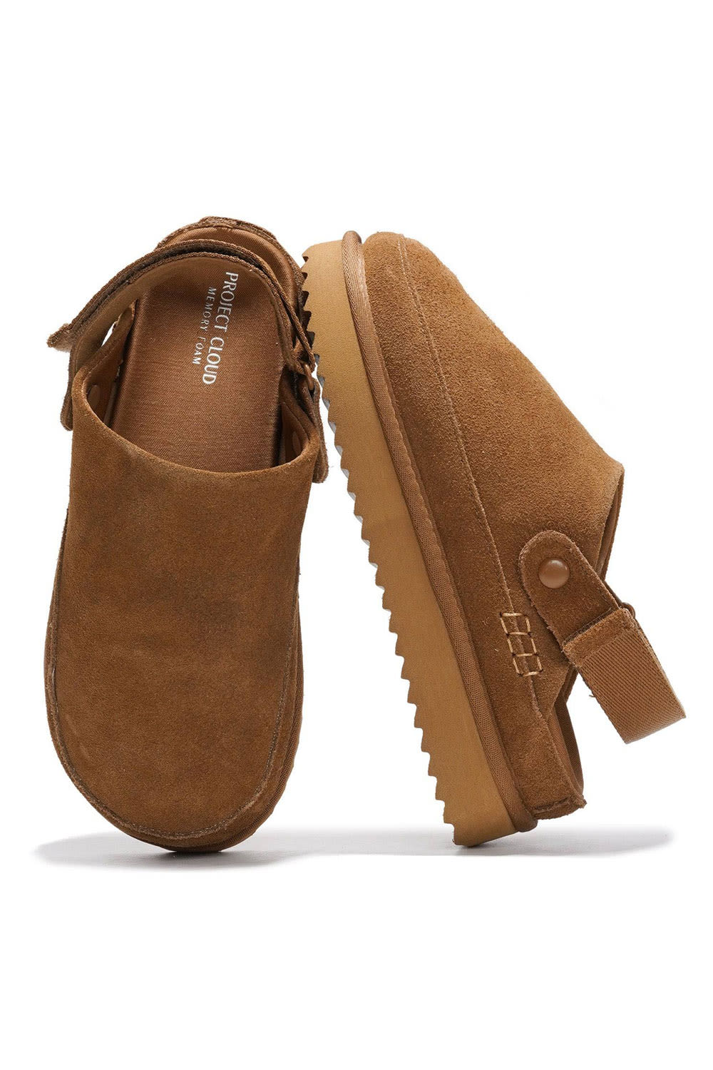 A pair of brown suede clogs with strap closures and chunky soles, shown from the top and side on a white background.