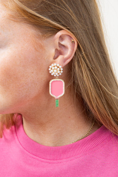 Pickleball Racket Drop Earrings for Women in Pink