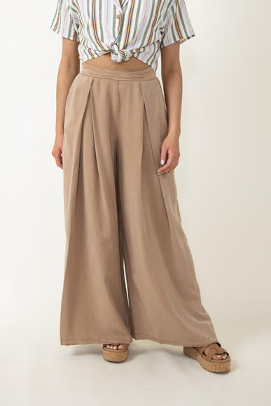 Pintucked Flowy Wide Leg Pants for Women in Taupe