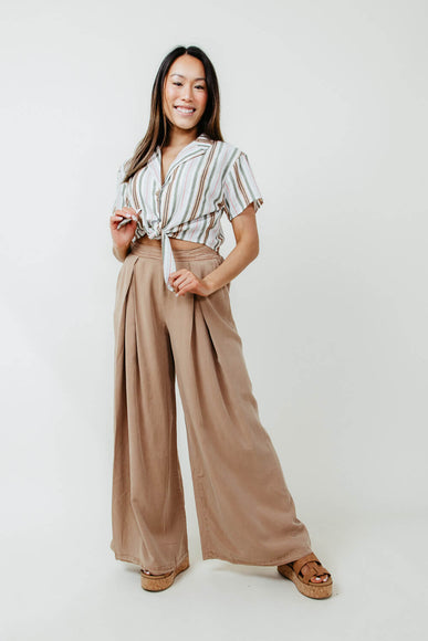 Pintucked Flowy Wide Leg Pants for Women in Taupe