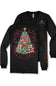A black long-sleeve t-shirt with a Christmas tree graphic on the front, featuring red bows, green leaves, and a gold star, with 'simply southern' printed in red on the sleeve. A second view of the shirt is shown behind it displaying a small logo on the left chest.
