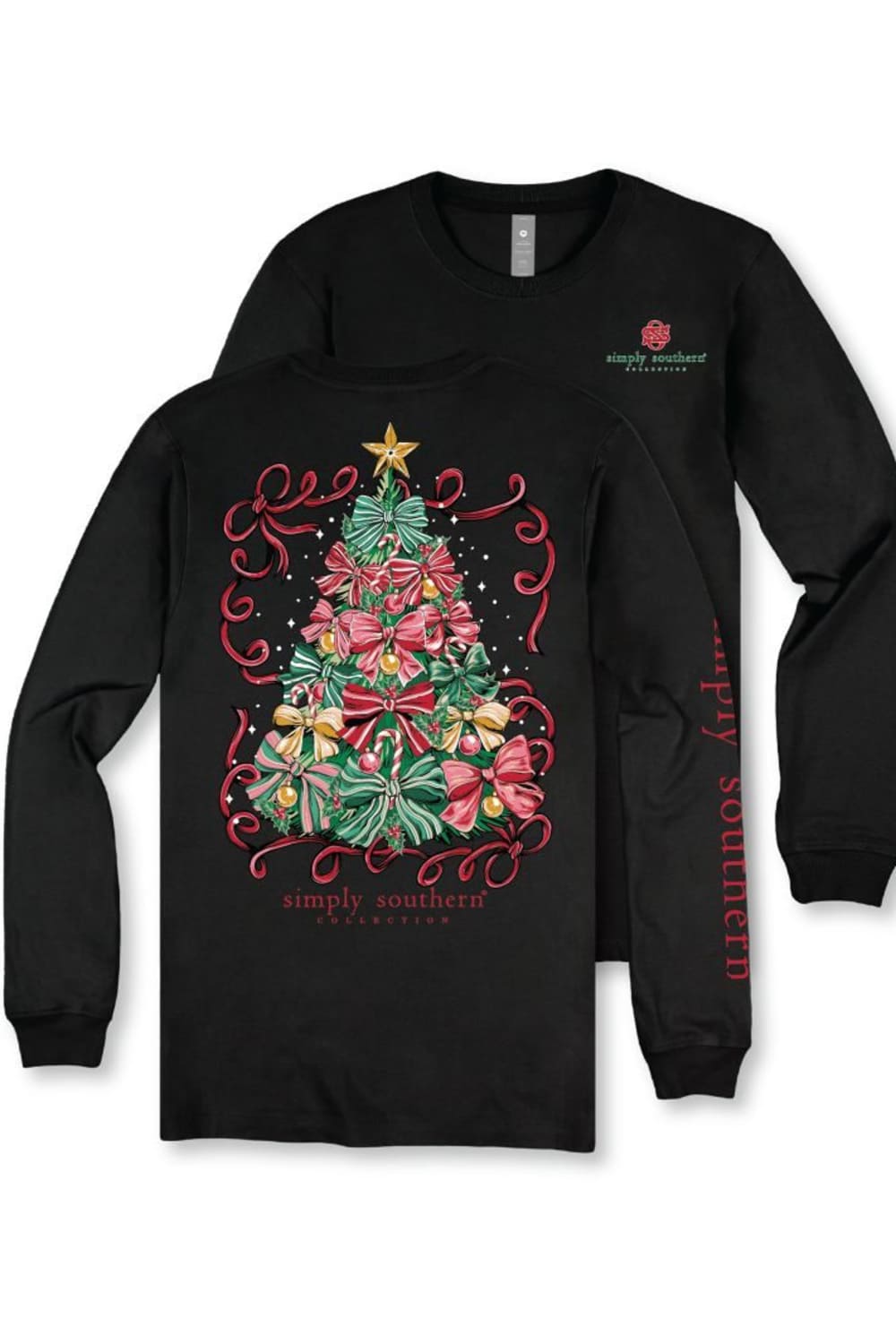 A black long-sleeve t-shirt with a Christmas tree graphic on the front, featuring red bows, green leaves, and a gold star, with 'simply southern' printed in red on the sleeve. A second view of the shirt is shown behind it displaying a small logo on the left chest.