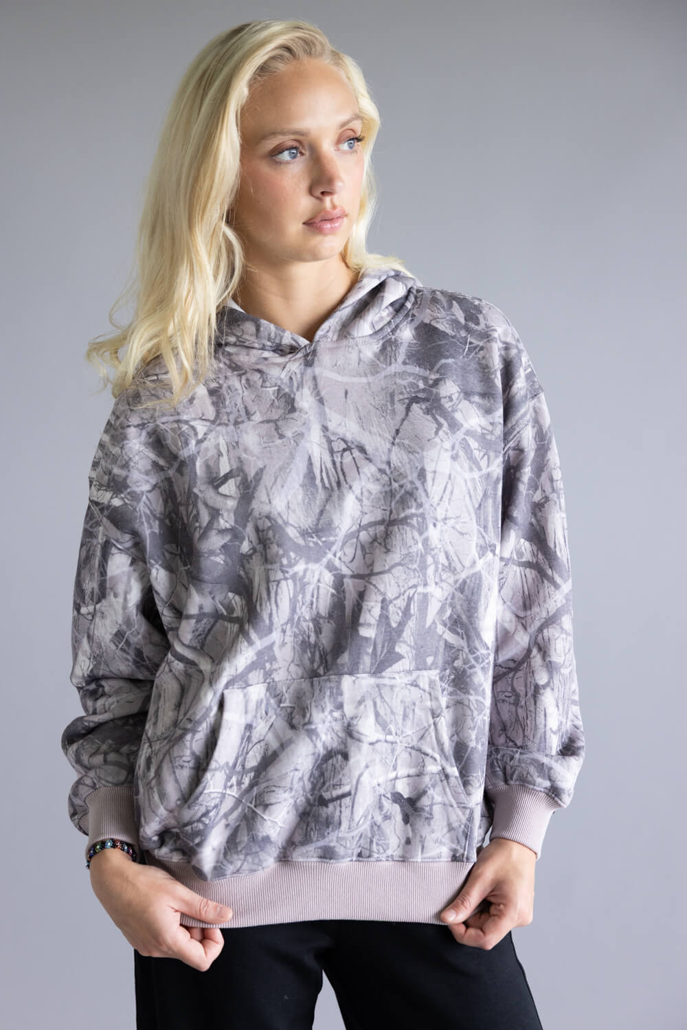 Pretty Garbage Camo Fleece Hoodie for Women in Dark Grey