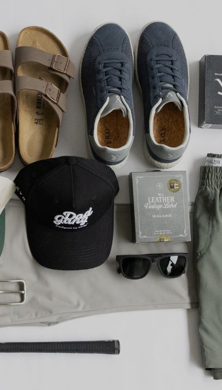 Image includes Fathers Day inspired gifts including shoes, hats, sunglasses, cologne and belts