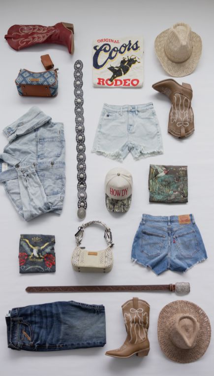 Image of multiple different western inspired men's & women's clothing and accessories, including denim shorts, hats, bets, and cowboy boots with "Wild & Free"   image wording