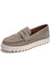 A single mushroom colored suede penny loafer with a chunky white lug sole, shown from a three-quarters angle on a white background.