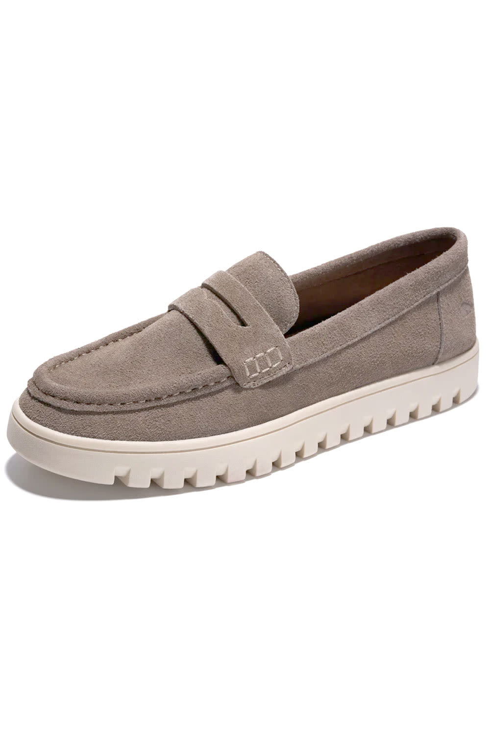 A single mushroom colored suede penny loafer with a chunky white lug sole, shown from a three-quarters angle on a white background.