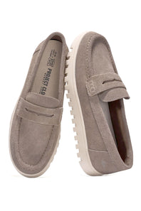 A pair of mushroom colored suede penny loafers with chunky off-white lug soles, shown from the side and top on a white background. The insole displays the brand name PROJECT CLOUD