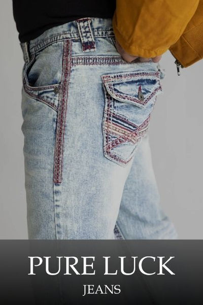 A promotional image of a person side profiling a pair of light wash jeans with red stitching. The bottom of the image has a black banner with text PURE LUCK JEANS