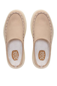 A pair of beige slip-on moccasin-style slippers with white faux-fur lining and a tan insole featuring the HEY DUDE brand logo, shown from a top-down view on a white background.