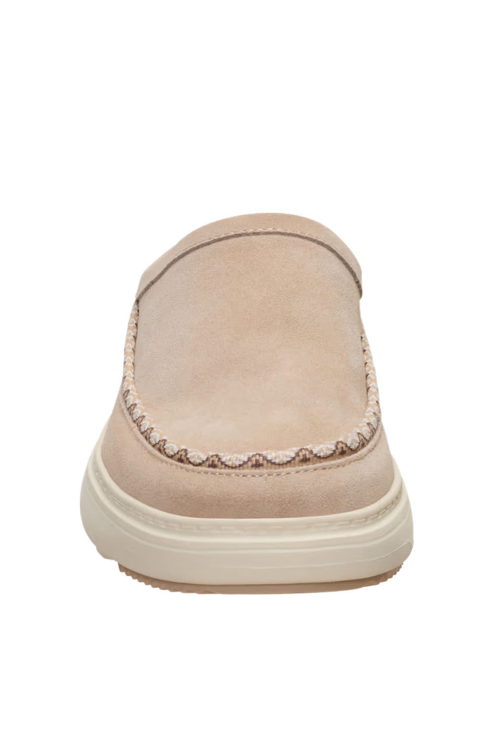 A single slip-on loafer in light beige suede with a decorative braided trim and a thick cream-colored sole, shown from a front-facing perspective on a white background.