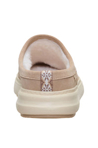 A single slip-on clog-style shoe shown from the back, featuring a beige suede upper, a plush cream shearling lining, and a patterned heel tab on a white background.