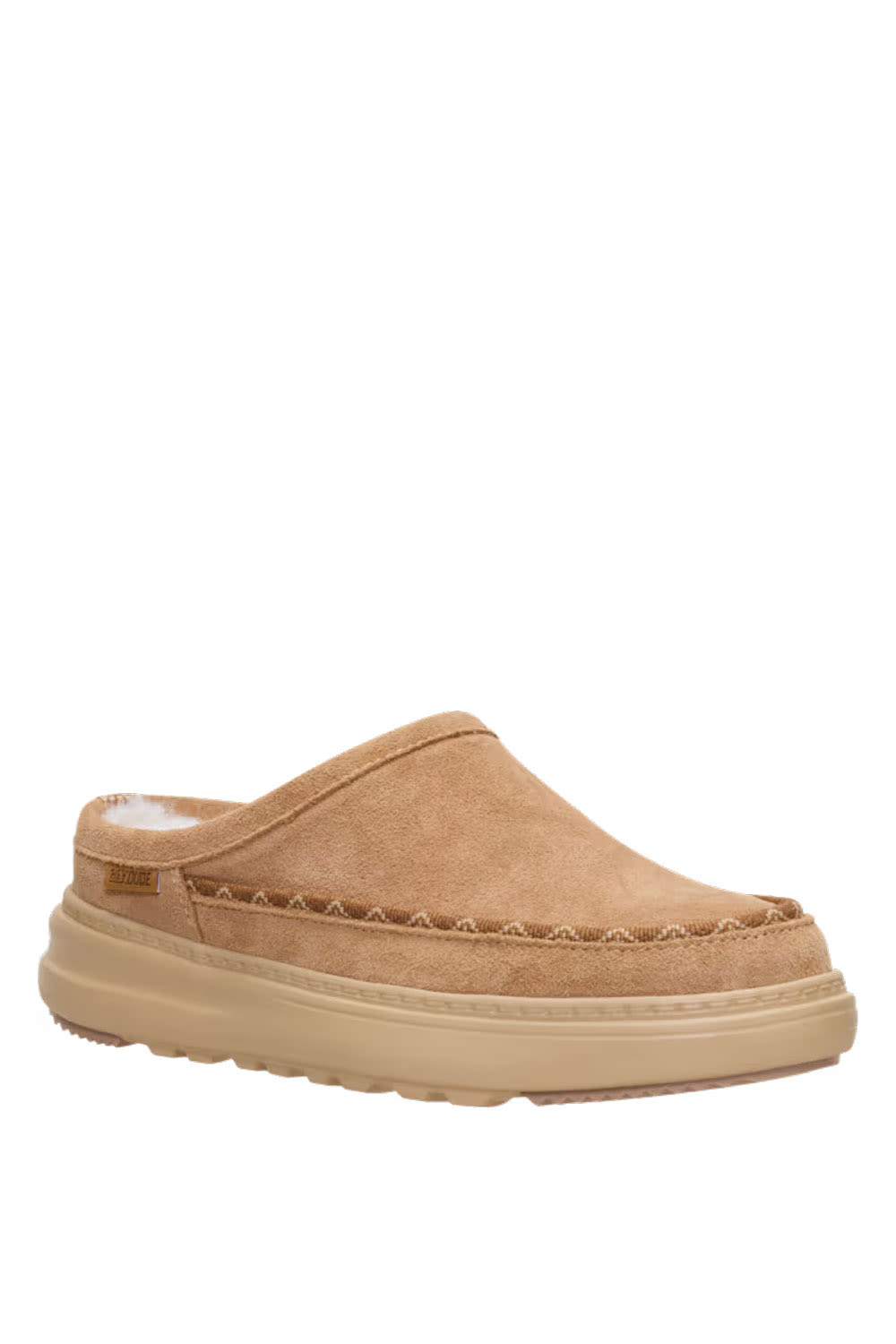 A single tan suede clog-style slipper with a thick beige sole, shown from a side profile on a solid white background.